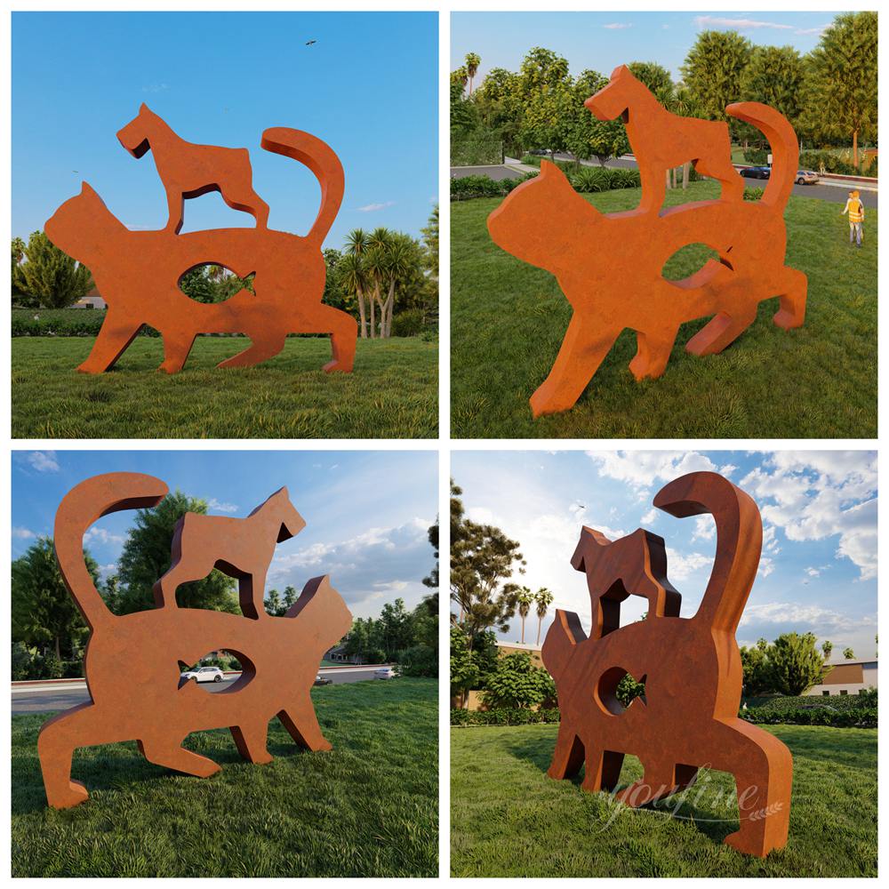 Corten Steel Cat and Dog Sculpture Details