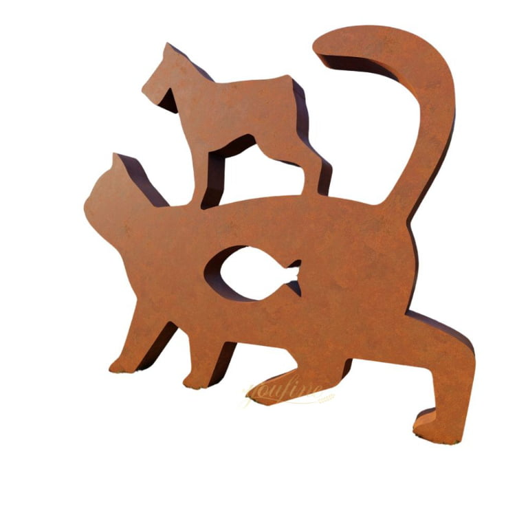 Corten Steel Cutout Cat and Dog Companion Sculpture