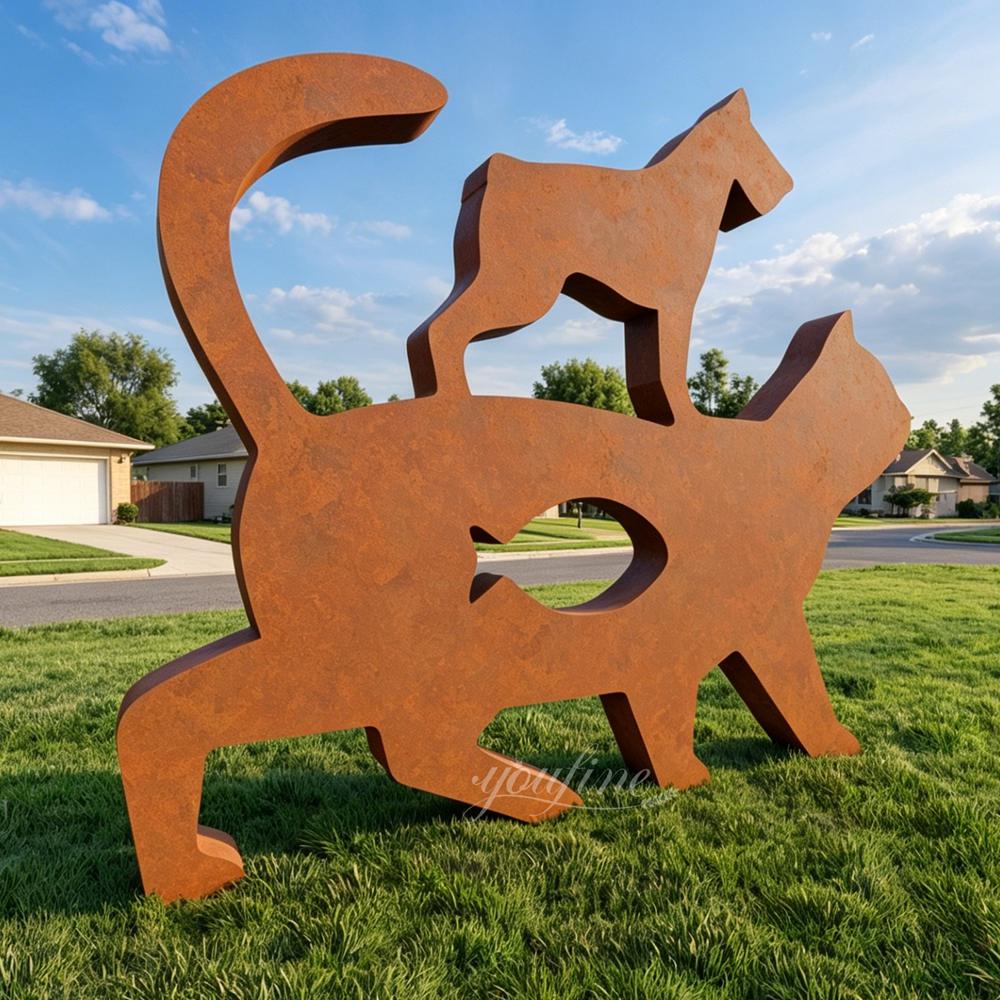 Corten Steel Cutout Cat and Dog Companion Sculpture for Suburban Lawn