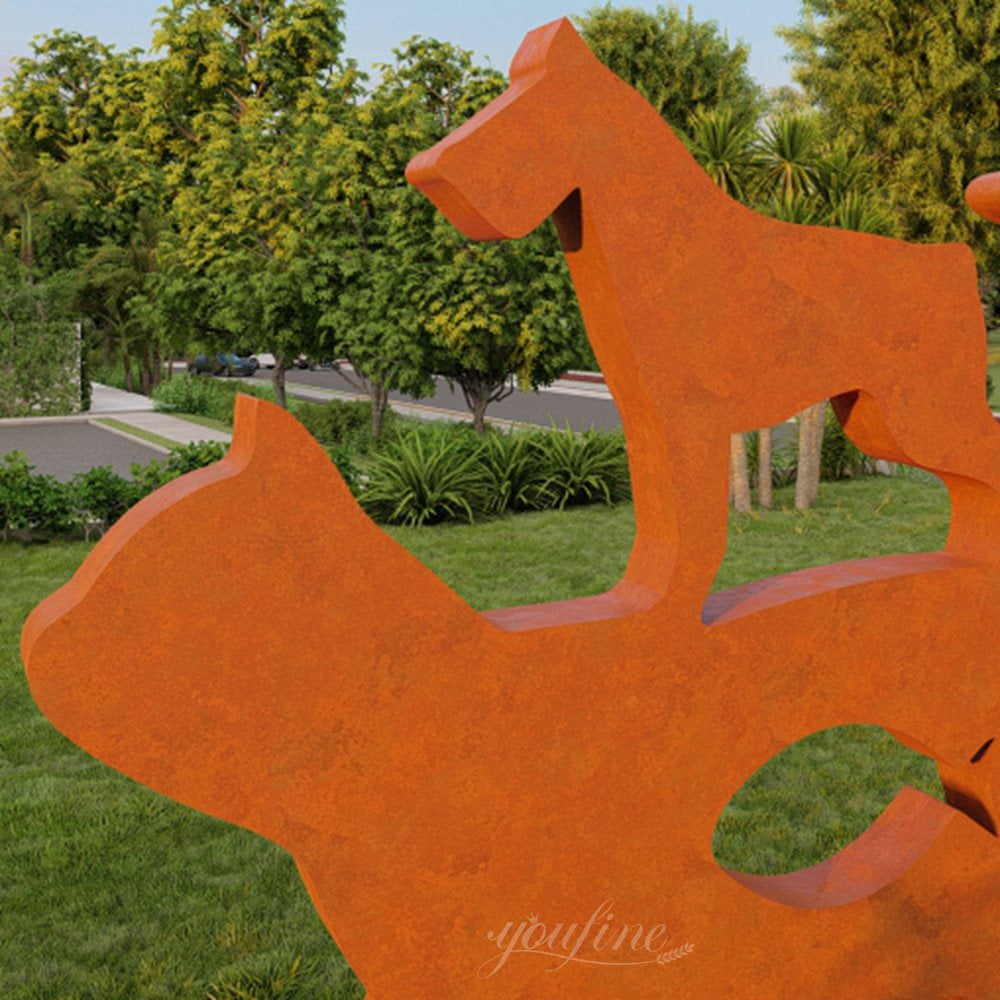 Corten Steel Cutout Cat and Dog Sculpture Detail
