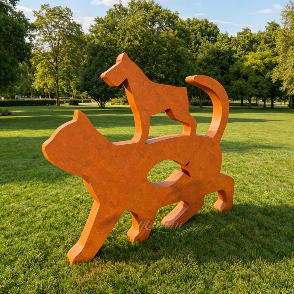 Corten Steel Cutout Cat and Dog Sculpture for Park Decor