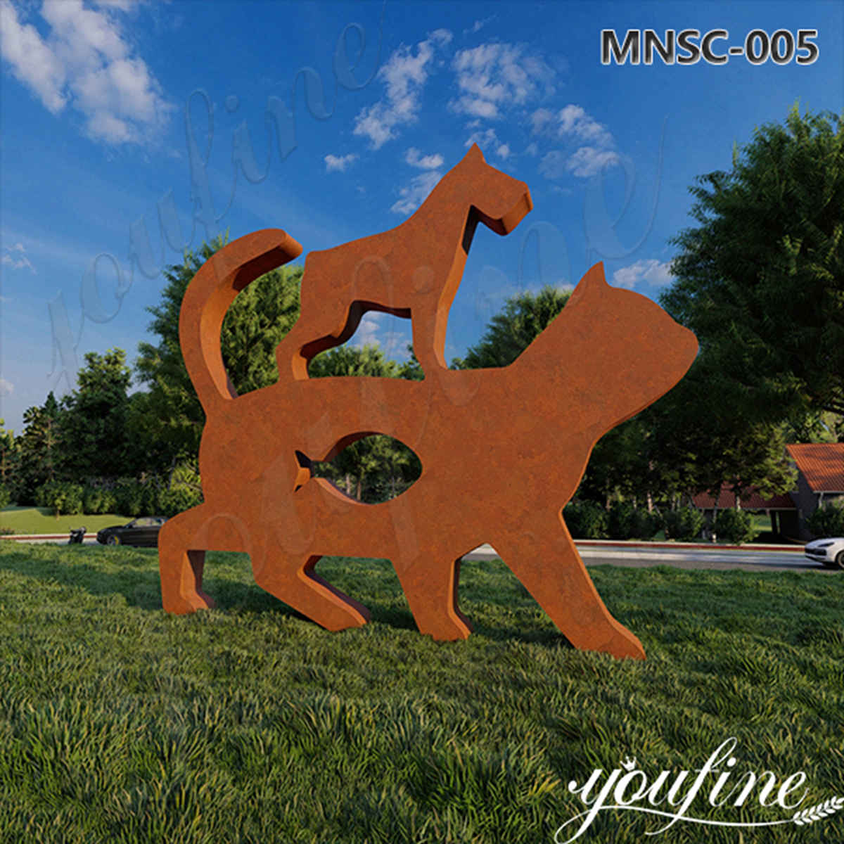 Corten Steel Dog and Cat Statues MNSC-005