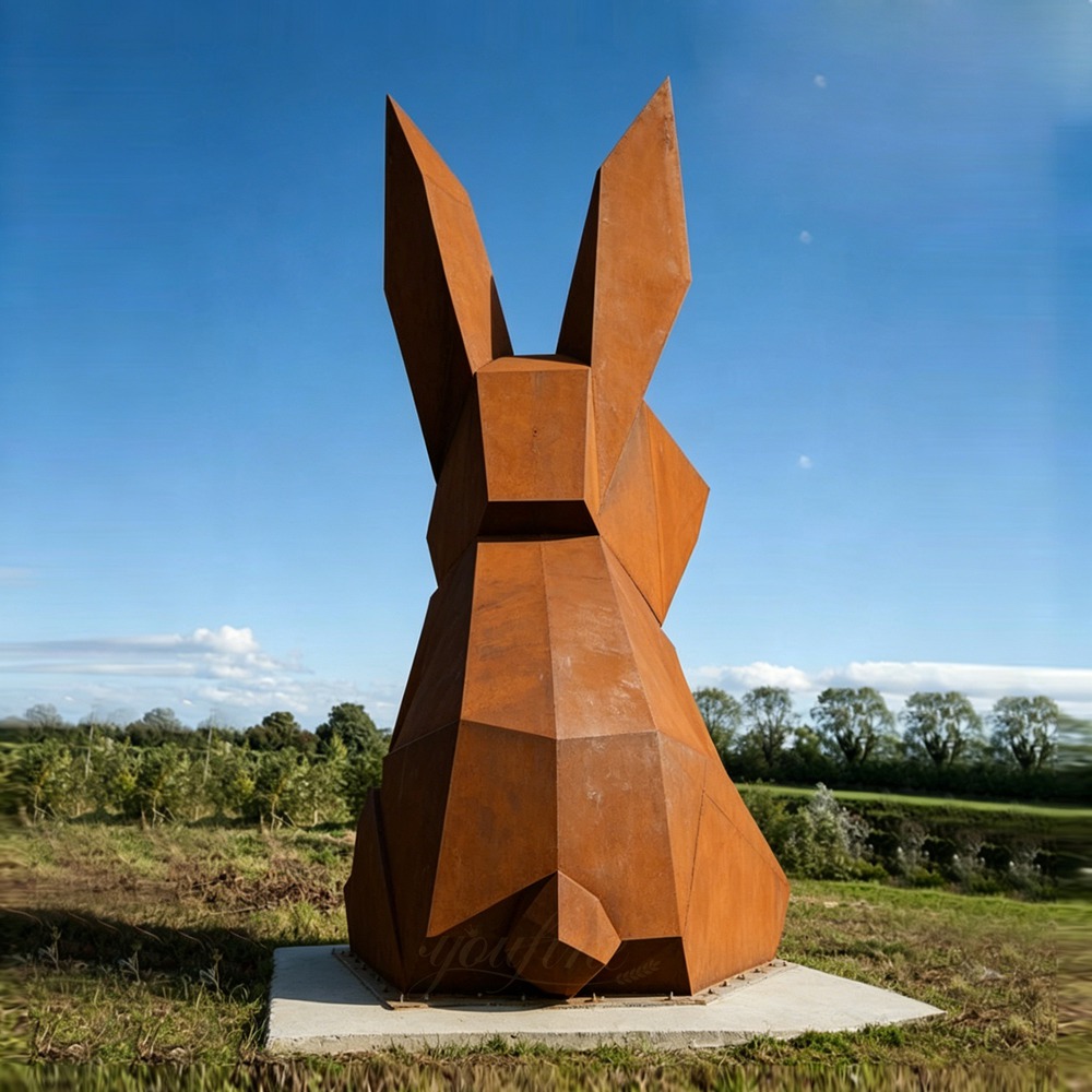 Large Corten Steel Geometric Rabbit Sculpture Back View