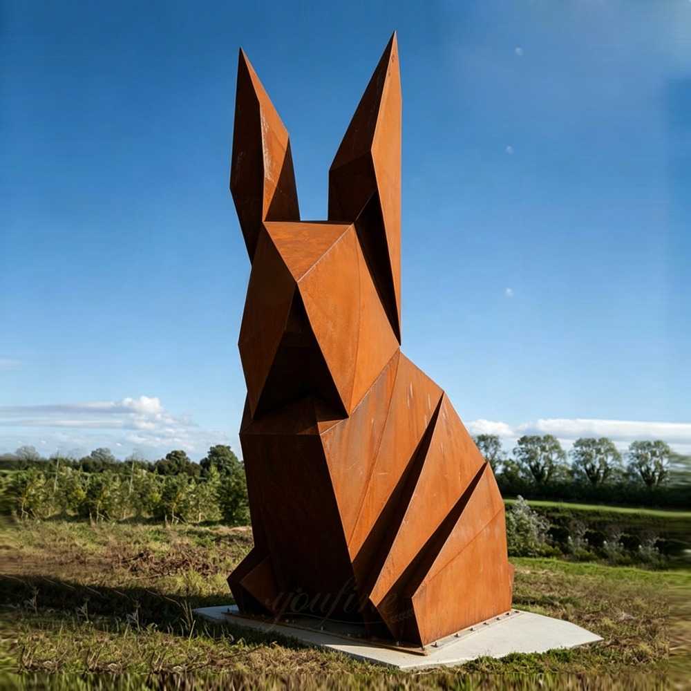 Large Corten Steel Geometric Rabbit Sculpture Front View