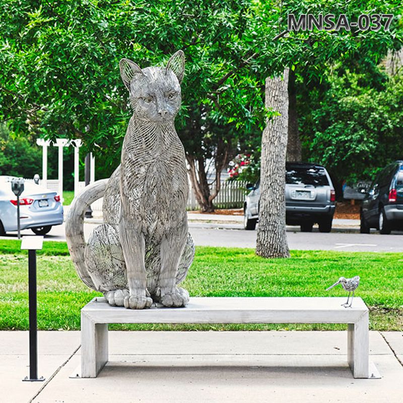 Outdoor Stainless Steel Wire Sculpture Cat with Bench MNSA–037