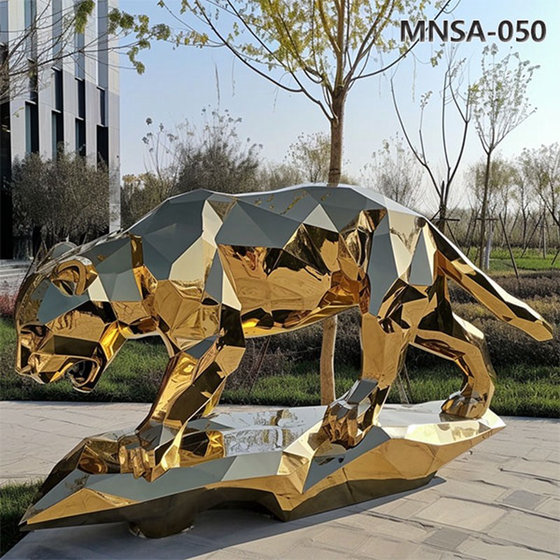 Golden Outdoor Metal Animals Mirrored Leopard Sculpture MNSA–050