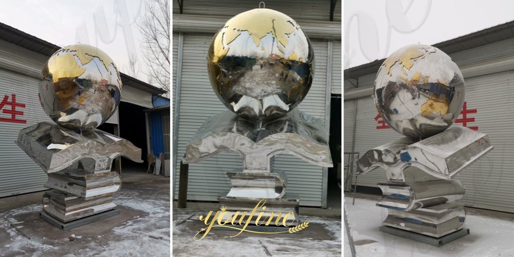 different angle of large metal globe sculpture
