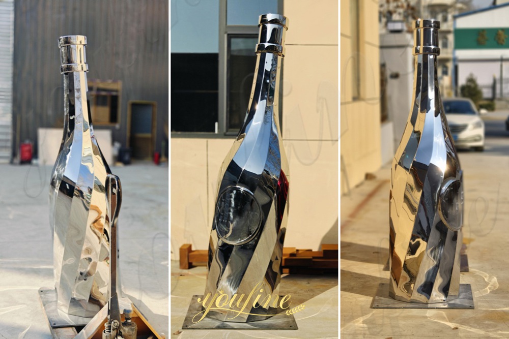 different angle of metal wine bottle sculptures