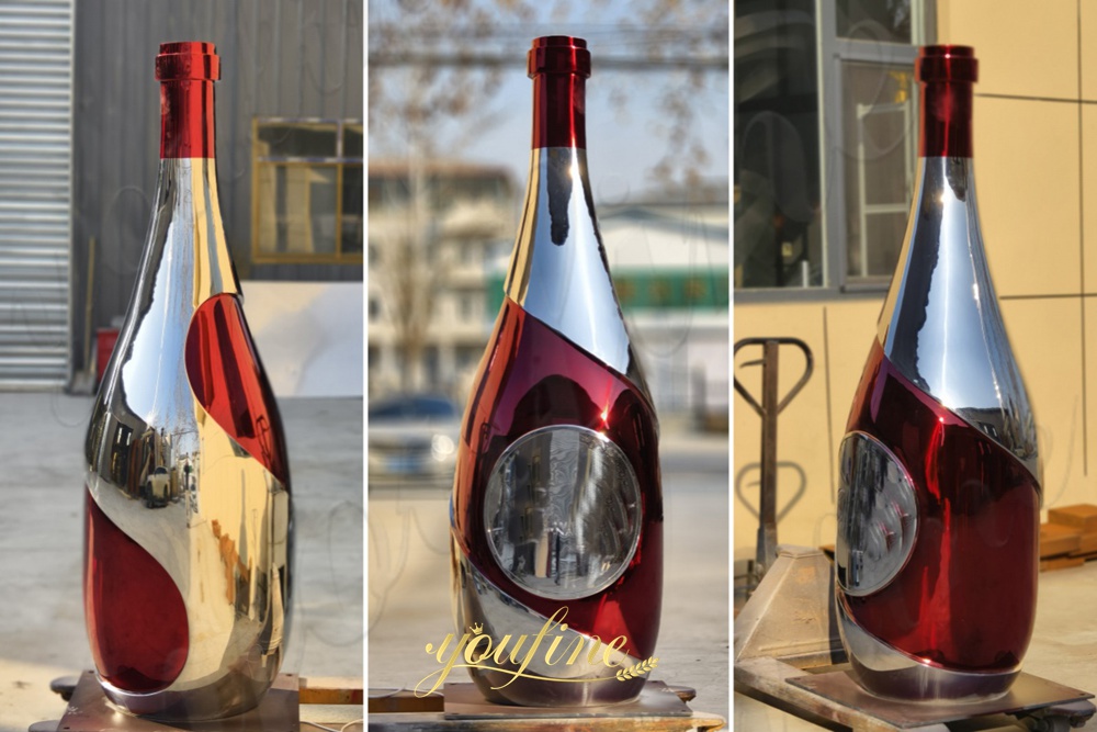 different angle of steel wine bottle sculpture
