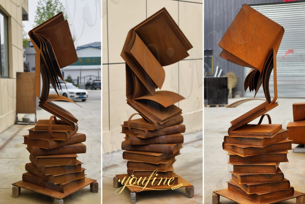 different angle of metal book sculpture