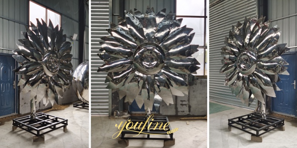 different angle of metal sunflower sculpture