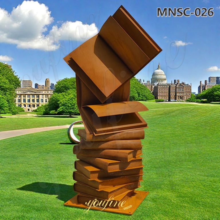 large metal book sculpture