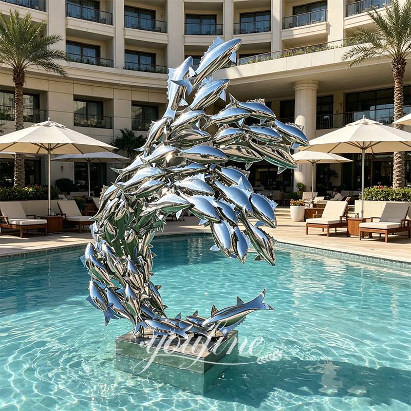 large stainless steel fish sculpture
