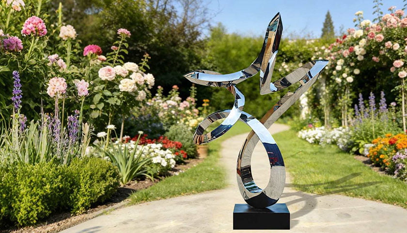 Abstract stainless steel sculpture with mirror polish finish