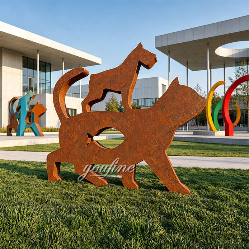 Corten steel dog and cat statue in community