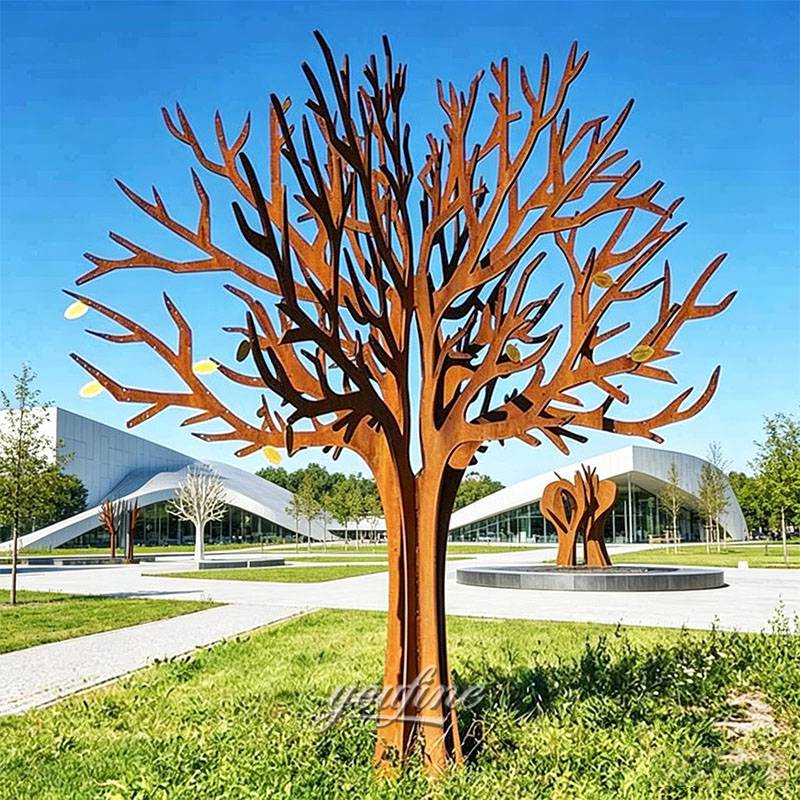 Corten steel tree sculpture in plaza