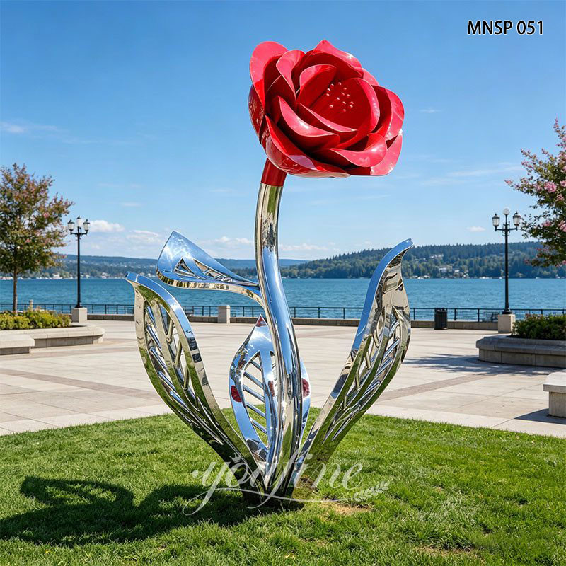 Stainless steel rose sculpture at the seaside
