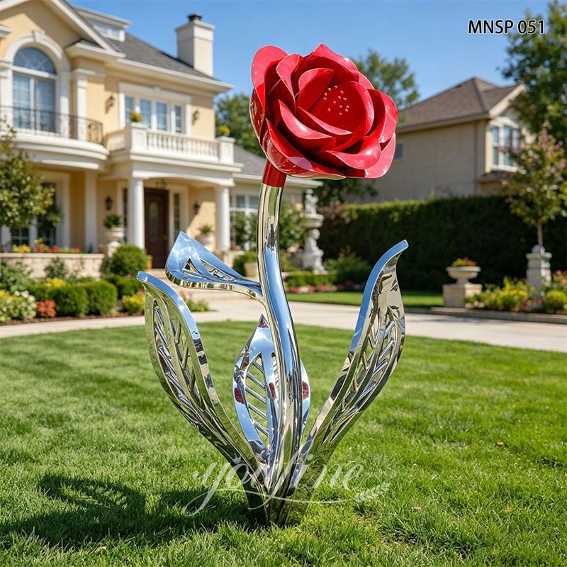 Metal red rose sculpture for garden