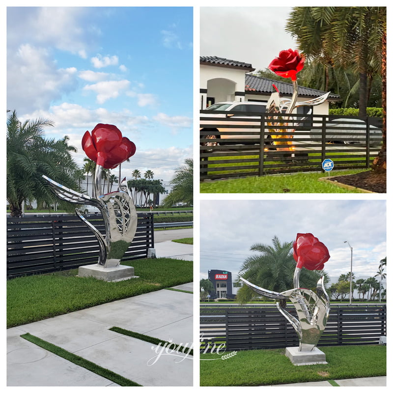 Metal rose sculpture in private backyard in Miami