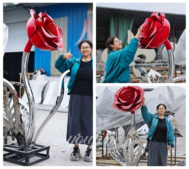 Large metal rose sculpture in factory