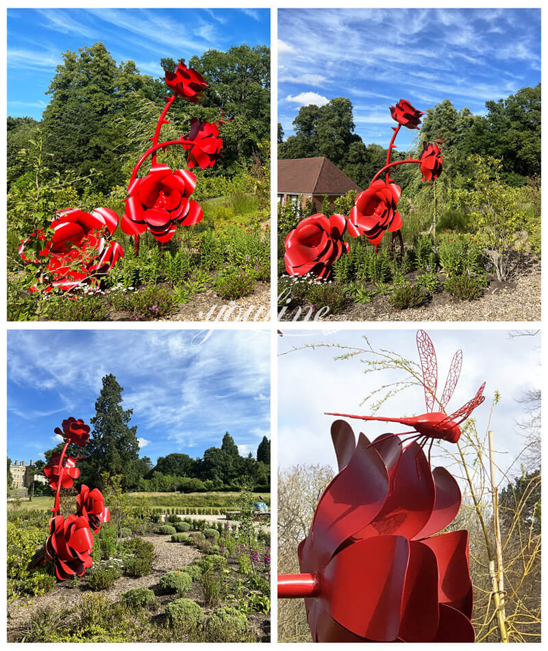 Metal rose sculpture in a private garden in the UK