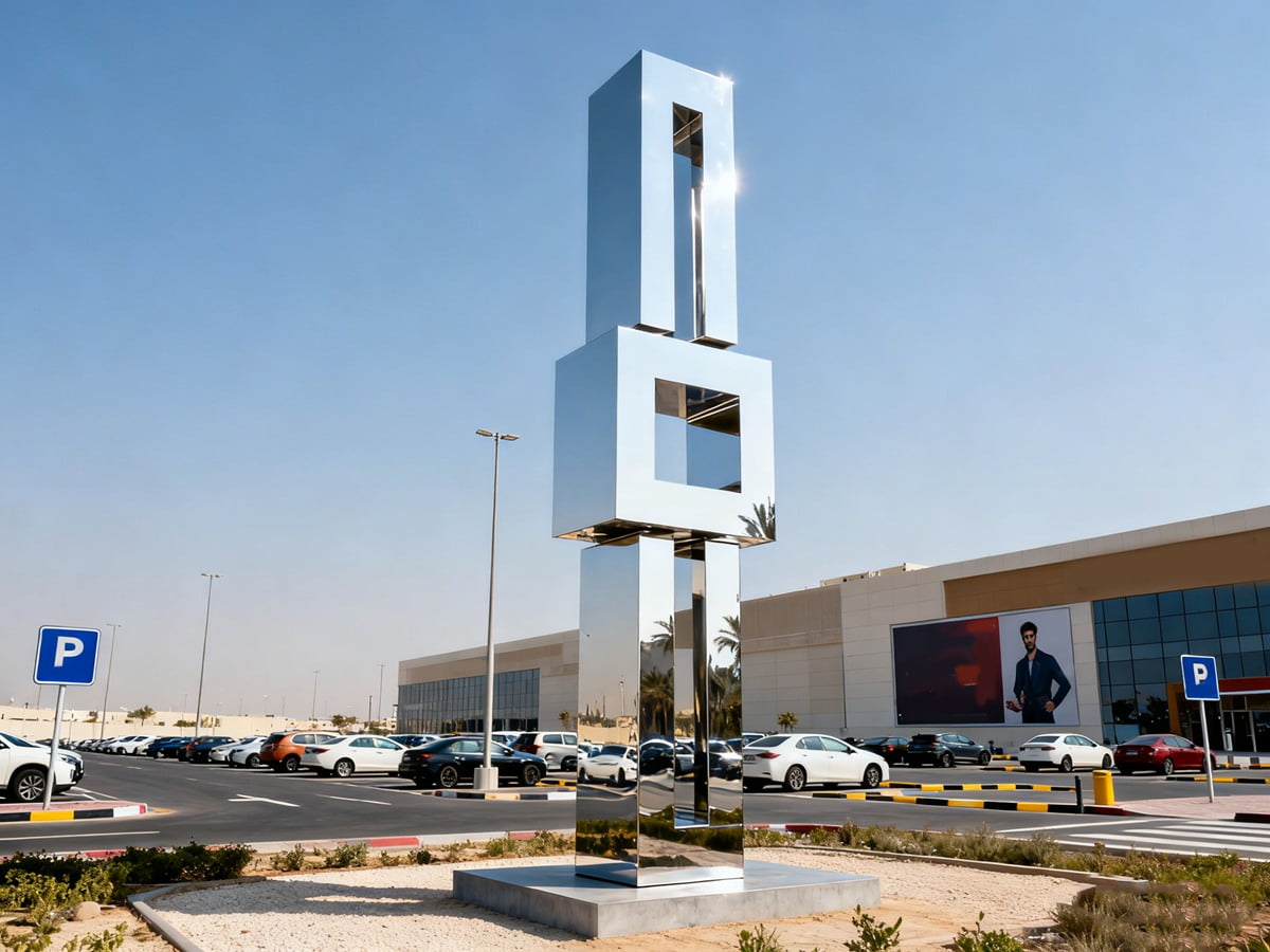 Large stainless steel landmark sculpture installed outside a commercial building